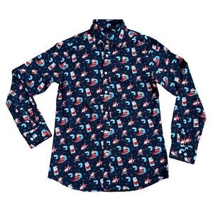 Simon Banks Christmas Holiday Santa Button Up Mens Long Sleeve Shirt Size SM NWT